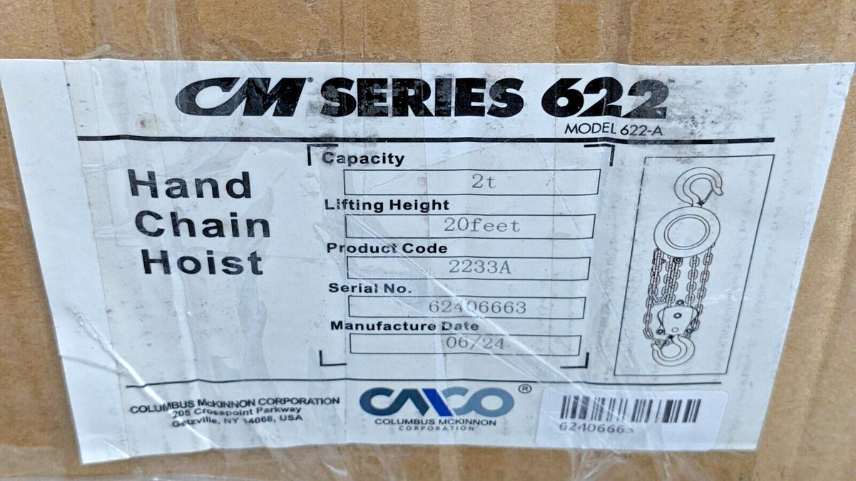 CM Series 622 Hand Chain Hoist 2 Ton Capacity X 20 Ft Lift 2233A