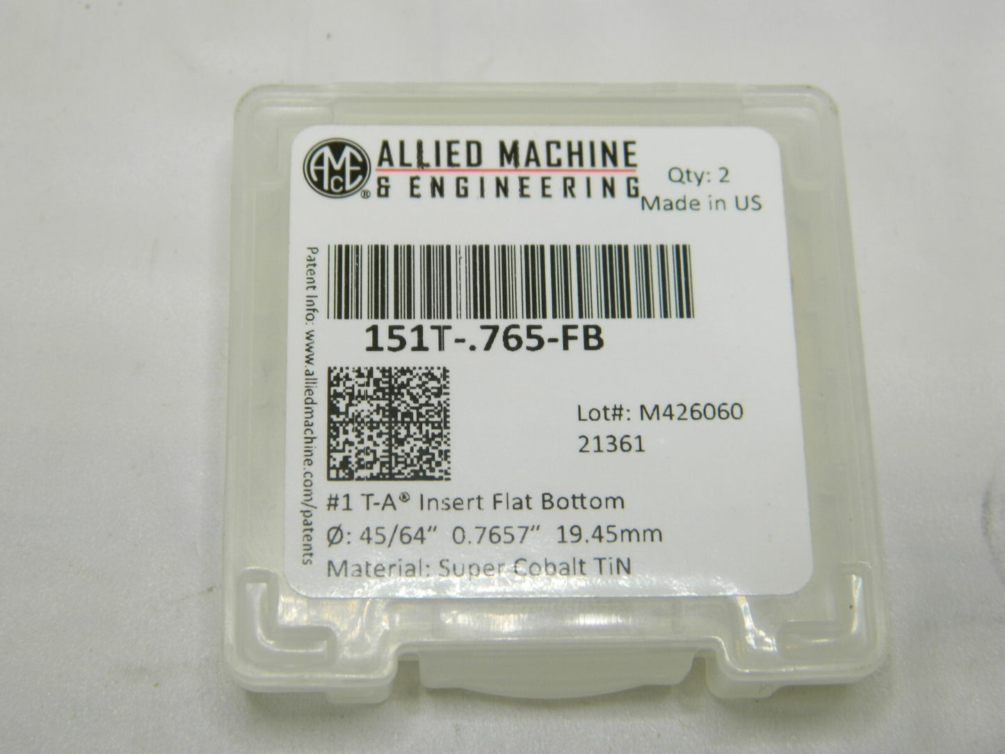 AME Spade Drill Insert 49/64" Dia, Seat Size 1, Cobalt, 180 ° Point 151T-.765-FB