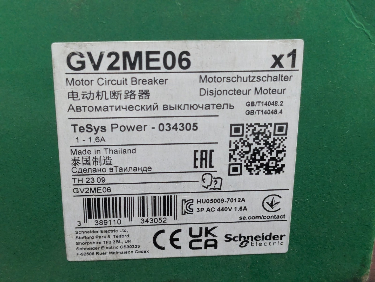 Schneider Electric TeSys Motor Circuit Breaker 1-1.6A GV2ME06