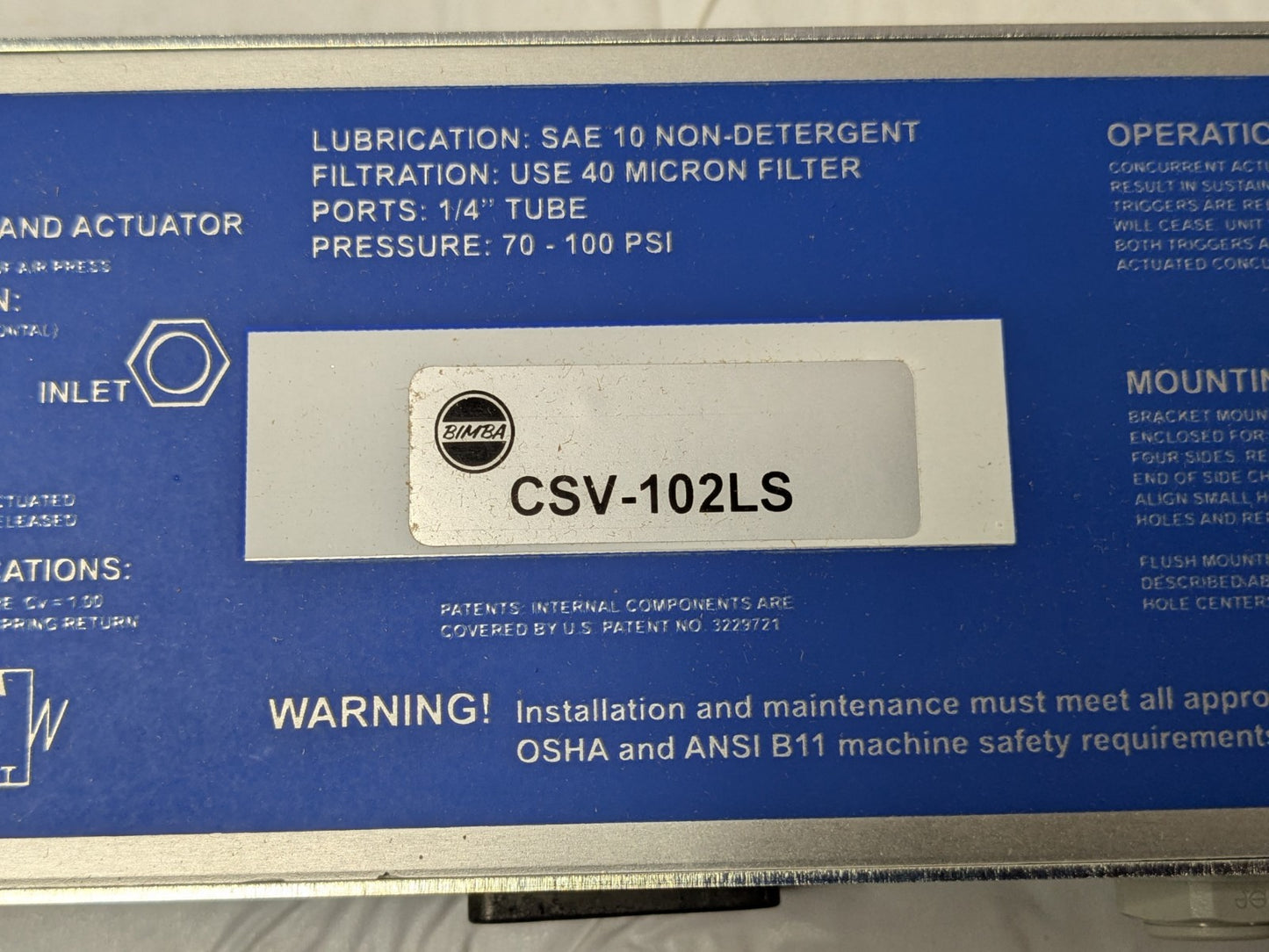 BIMBA Anti-Tiedown Two-Hand Actuator Control Unit 1/4"NPTF 70-100 PSI CSV-102LS