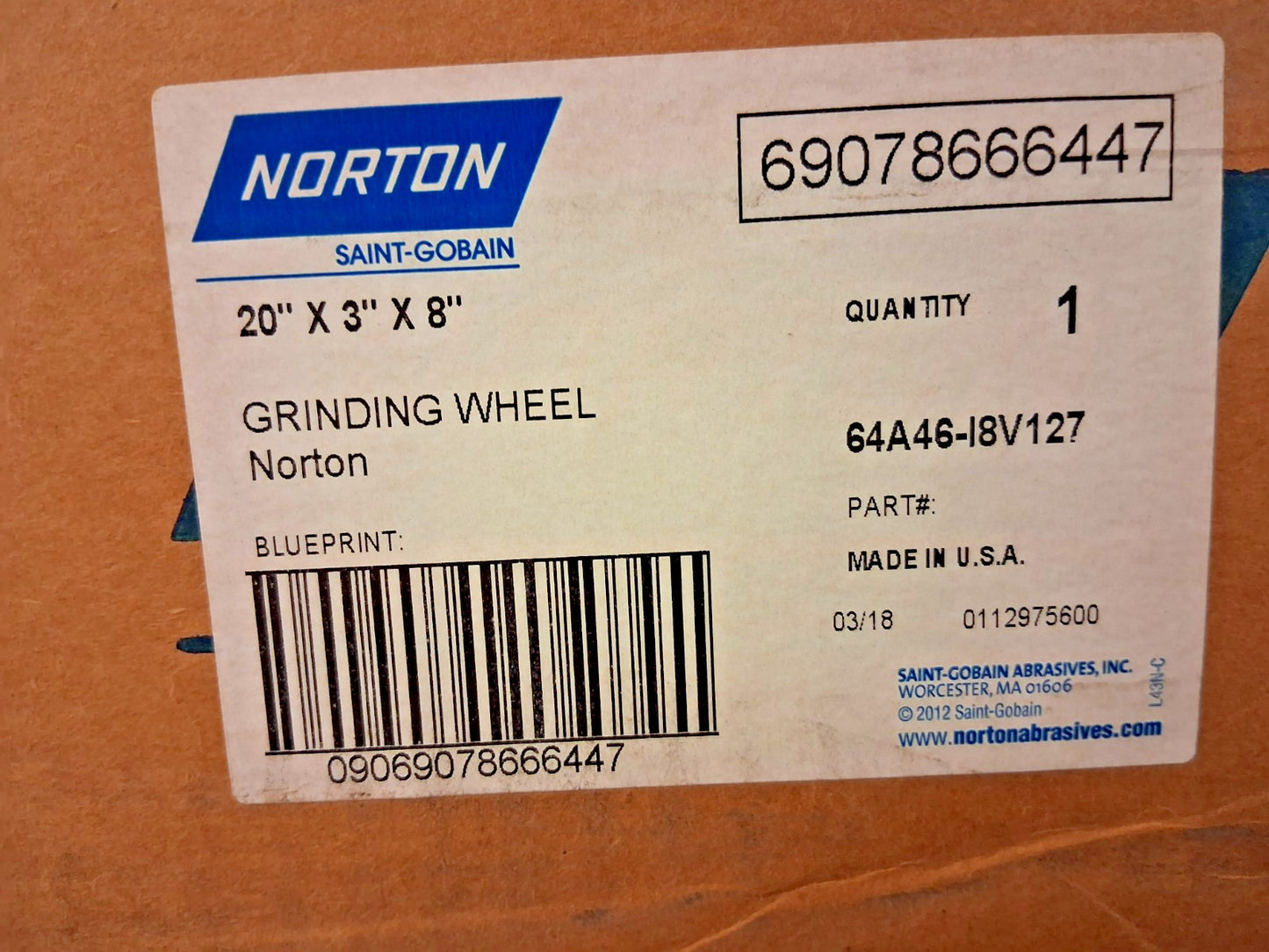Norton Type 1 Centerless & Cylindrical Grinding Wheel 20" Dia 69078666447