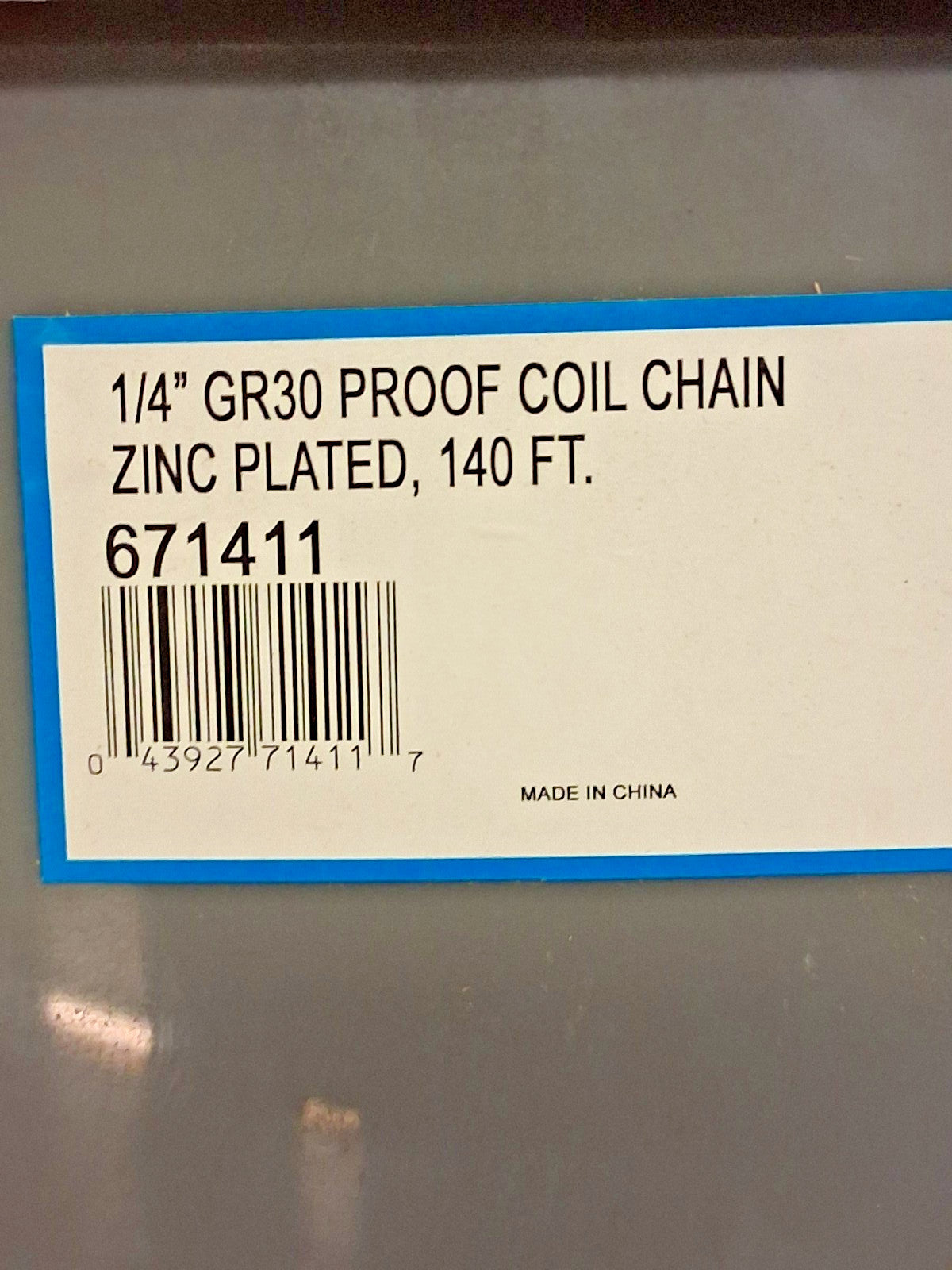 CM Straight Chain Zinc Plated 250ft Grade30 800lb Max Not For Lifting 671411
