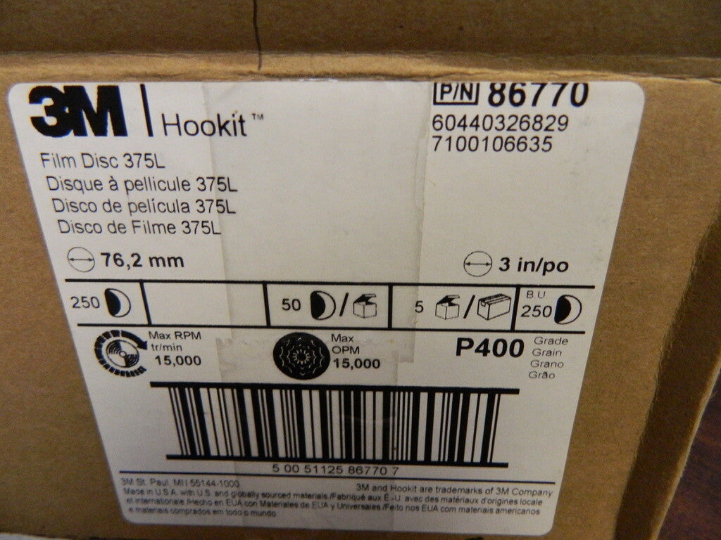 3M 86770, Hookit Film Disc 375L, P400, 3 in x NH, Die 300V, 7100106635 QTY 250