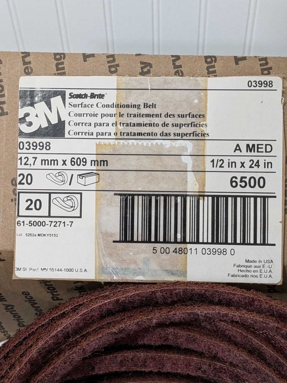 3M Abrasive Belt: 1/2" Wide, 24" OAL, Aluminum Oxide Box of 20 7000045943