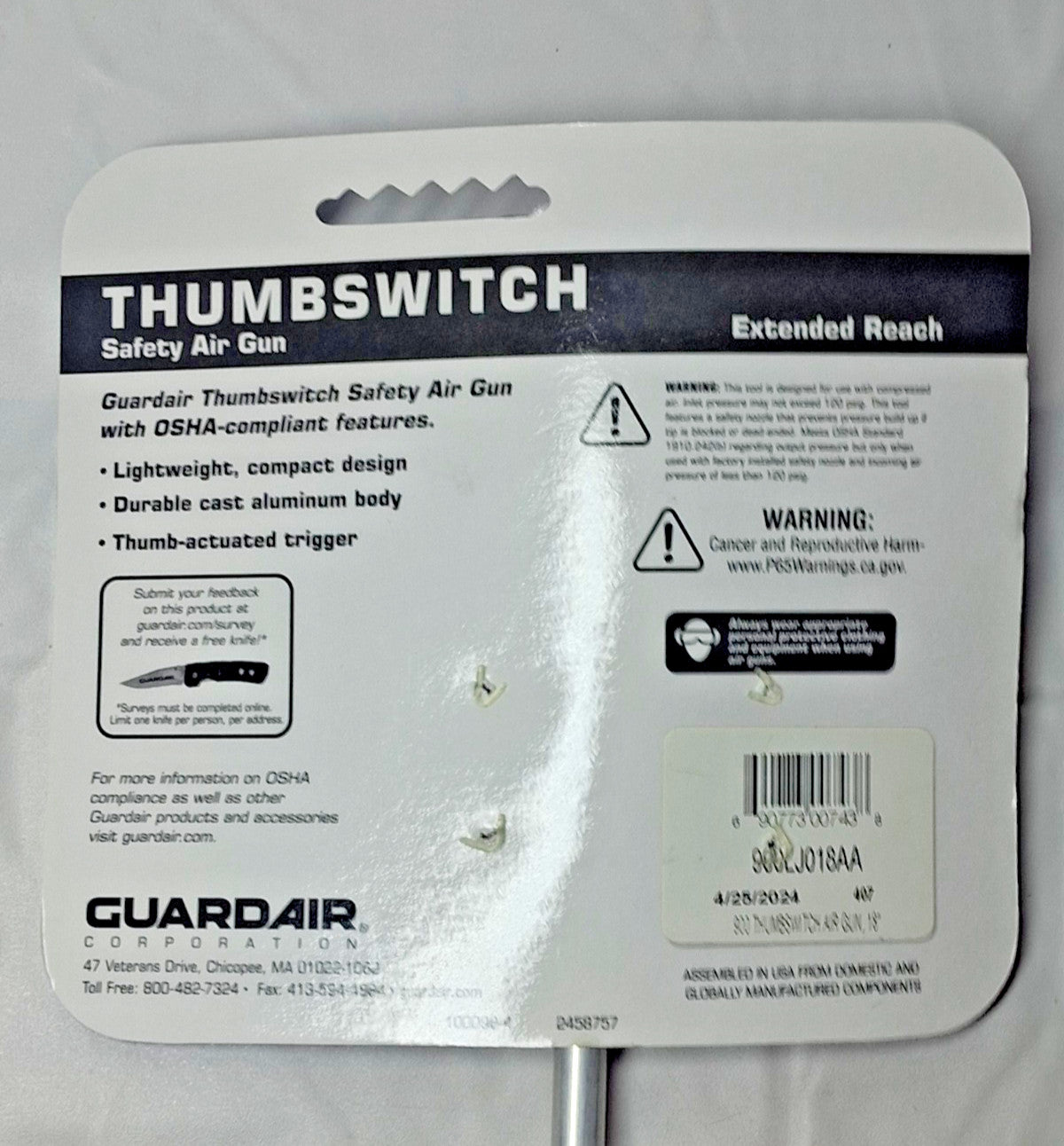 Guardair Aluminum Safety Air Gun Thumb Lever 1/4 NPT 18" Tube 900LJ018AA