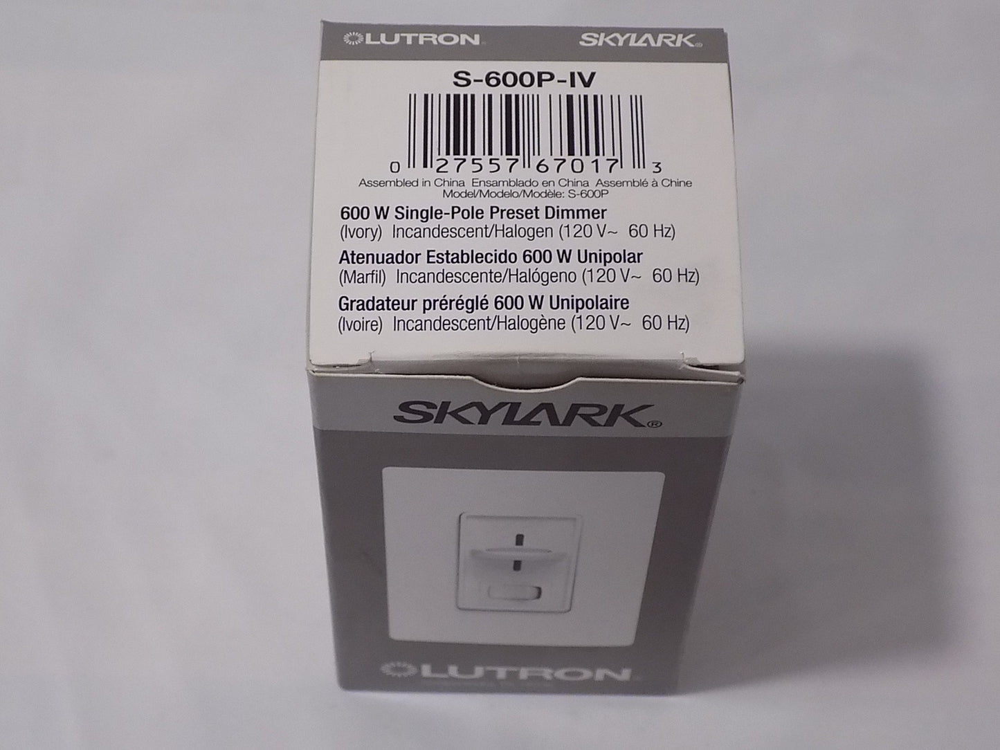 Lutron S-600P-IV Skylark 600W Single Pole Preset Dimmer w/ Rocker Switch Ivory