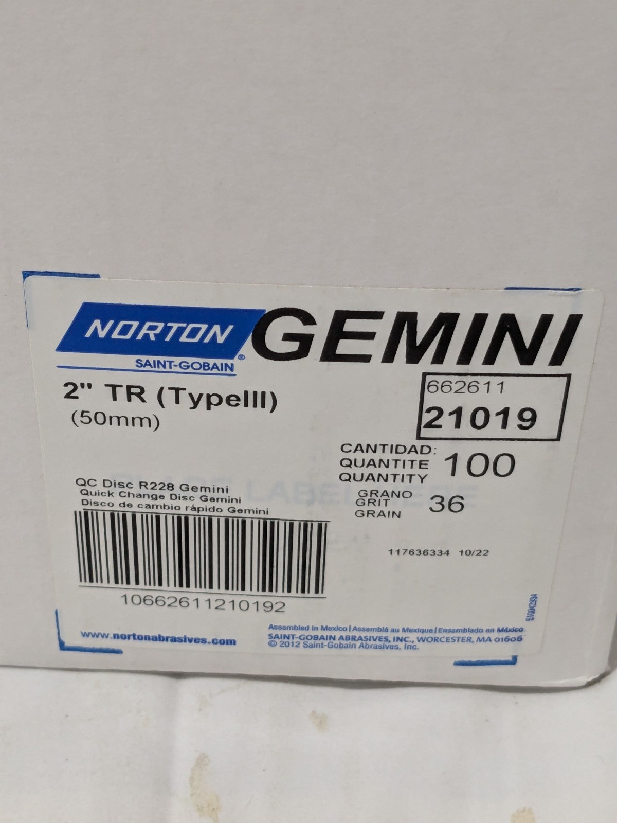 (100) Norton Quick-Change Disc: Type R, 2" Dia, 36G, Aluminum Oxide 66261121019