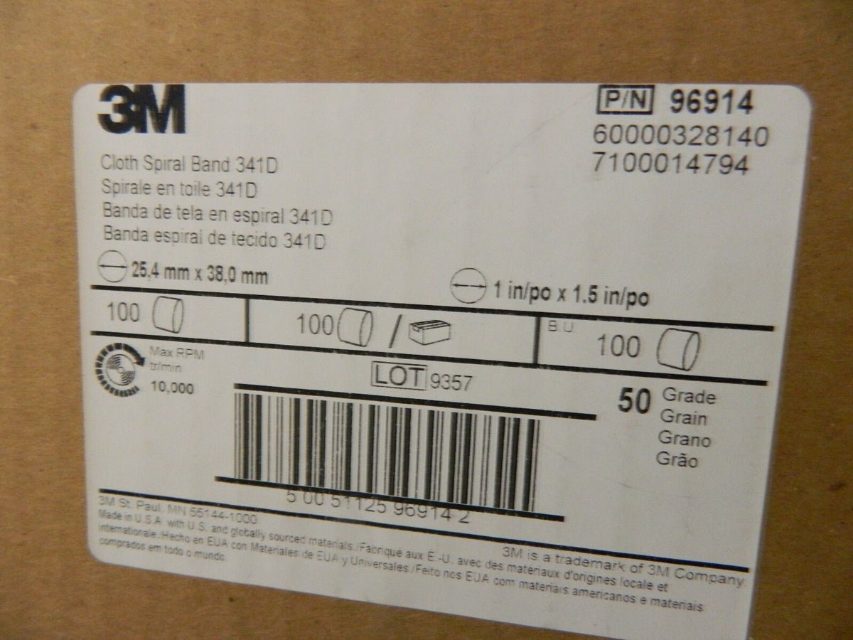 3M 50 Grit 1/2" Diam x 1/2" Wide Aluminum Oxide Coated Spiral Band QTY 100 96914