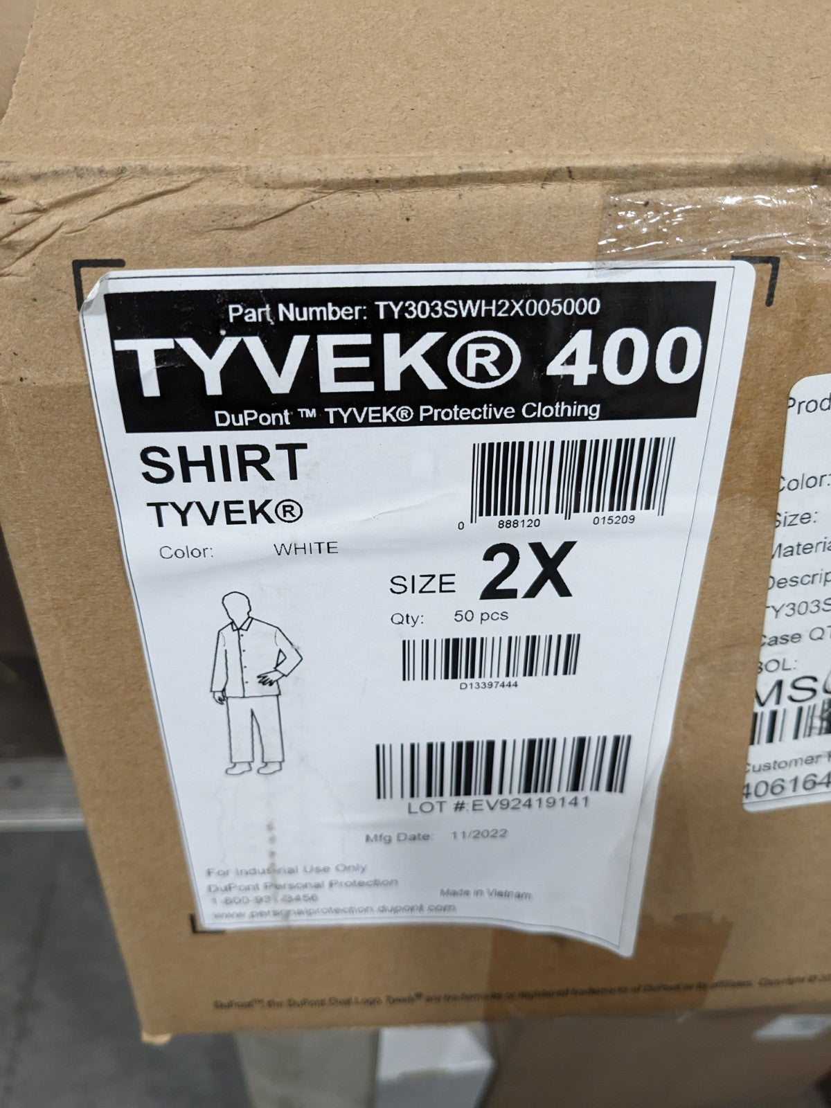 DUPONT 50 Qty Sz 2XL, White, General Purpose, Long Sleeve Shirt TY303SWH2X005000