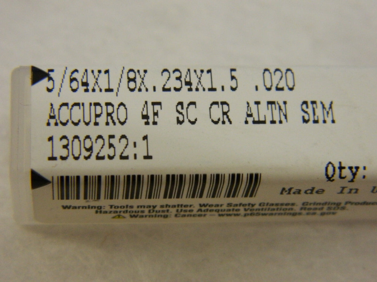 ACCUPRO Corner Radius End Mill: 0.0781 Dia 4FL Solid Carbide 14796310