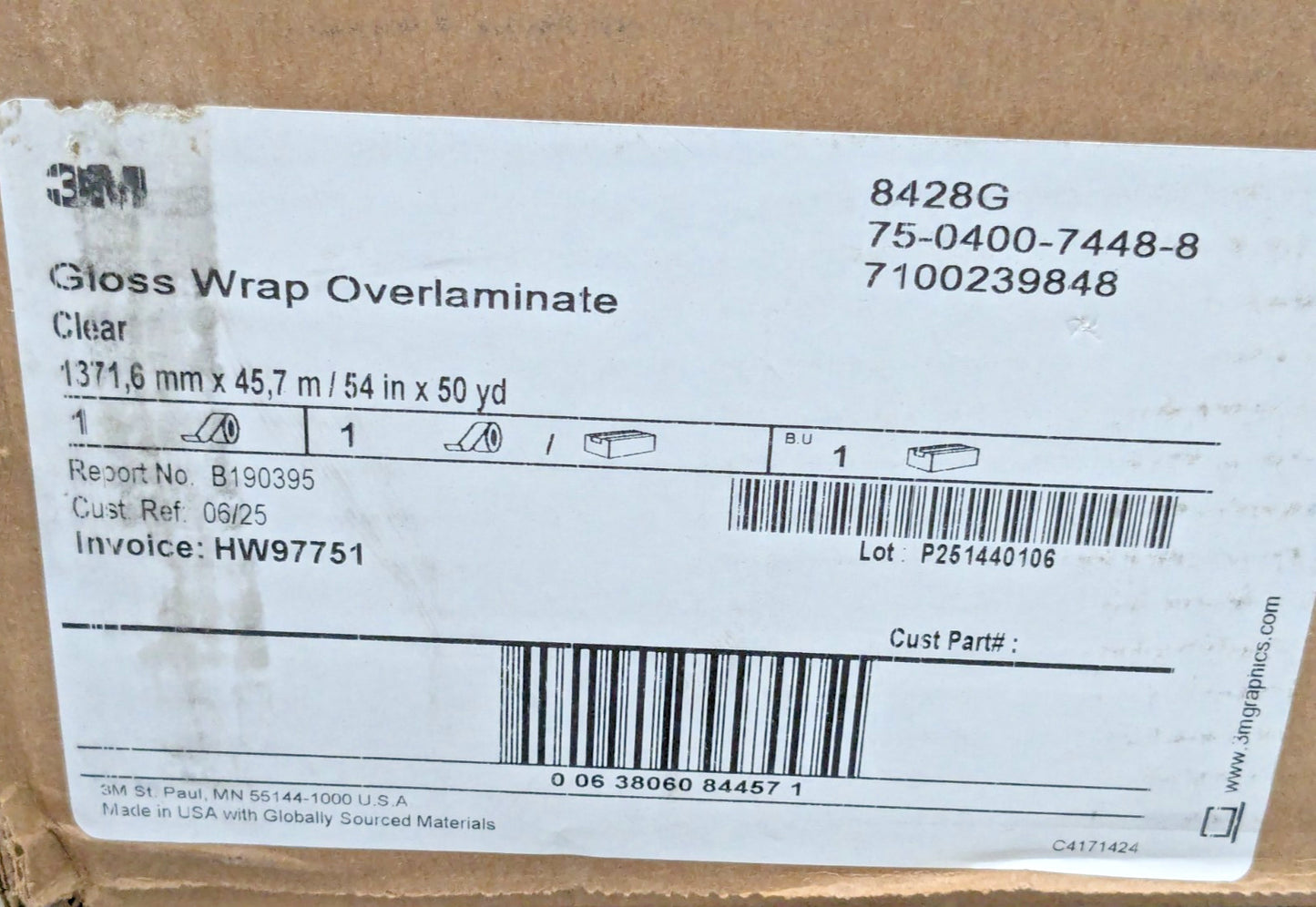 3M Gloss Wrap Overlaminate 8428G Clear 54" X 50 yd (150 Ft) Roll 7100239848