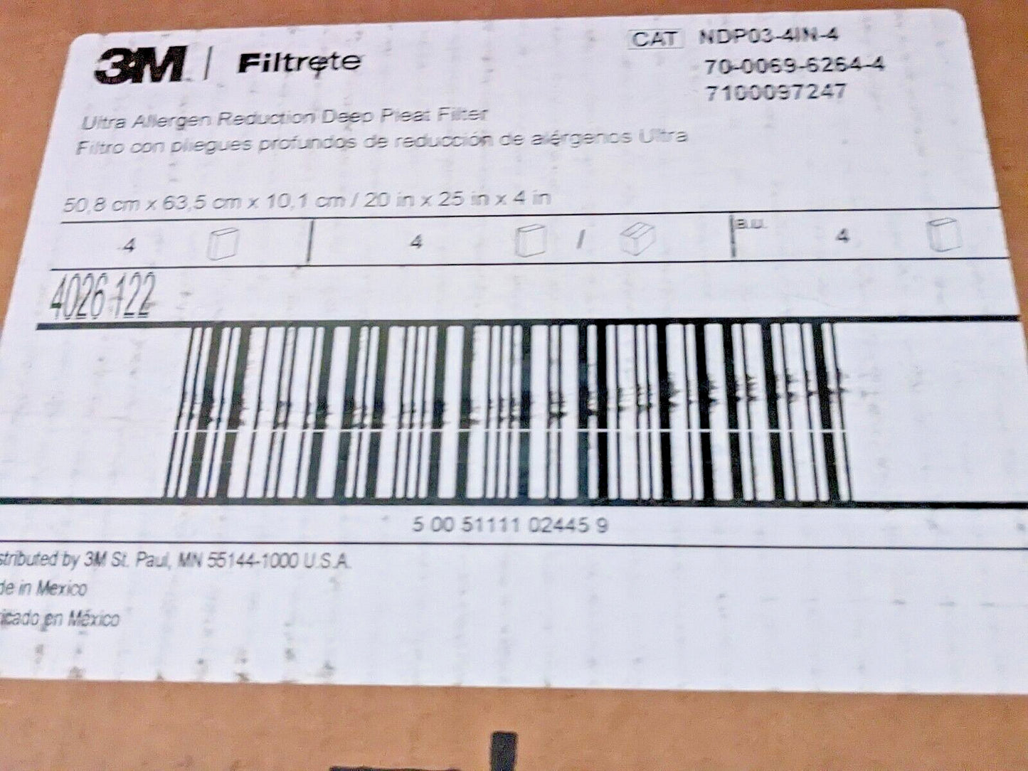 4 PACK 3M Ultra Allergen Reduction Filters 20" X 25" X 4" NDP03-4IN-4 7100097247