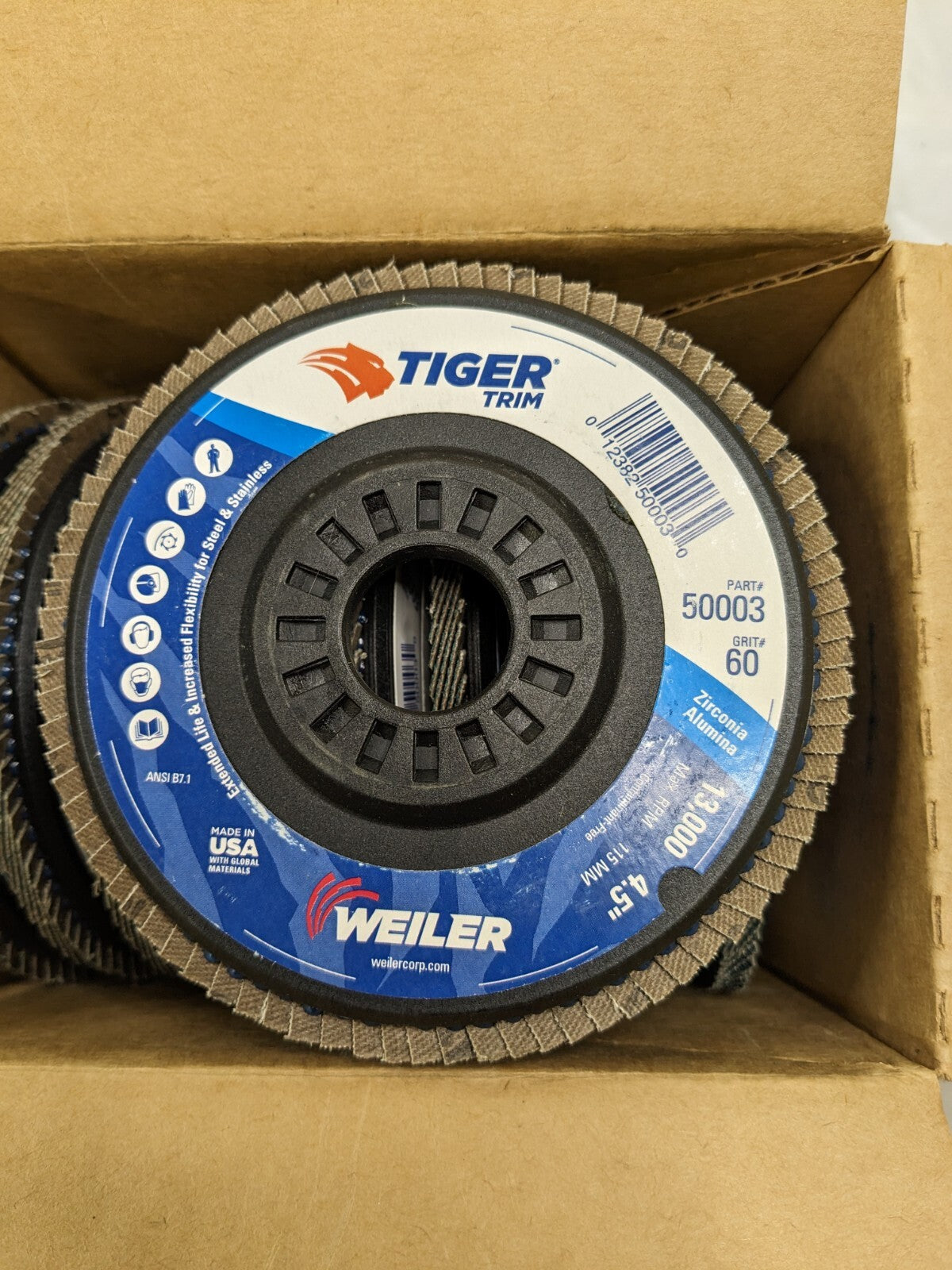 WEILER Flap Disc: 7/8″ Hole, 60 Grit, Zirconia Alumina, Type 29 Qty 10 50003