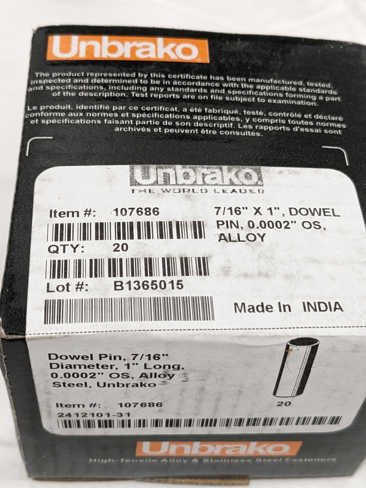 Unbrako Dowel Pin: 7/16" Dia, 1" OAL, Alloy Steel, Grade 8 Qty 20 107686