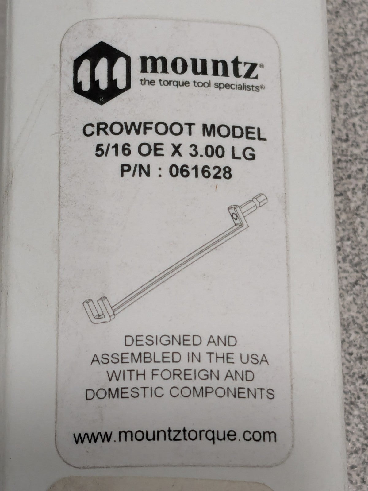Mountz 5/16" Open End Crowfoot Spanner 1/4 Hex x 3" Lg 061628