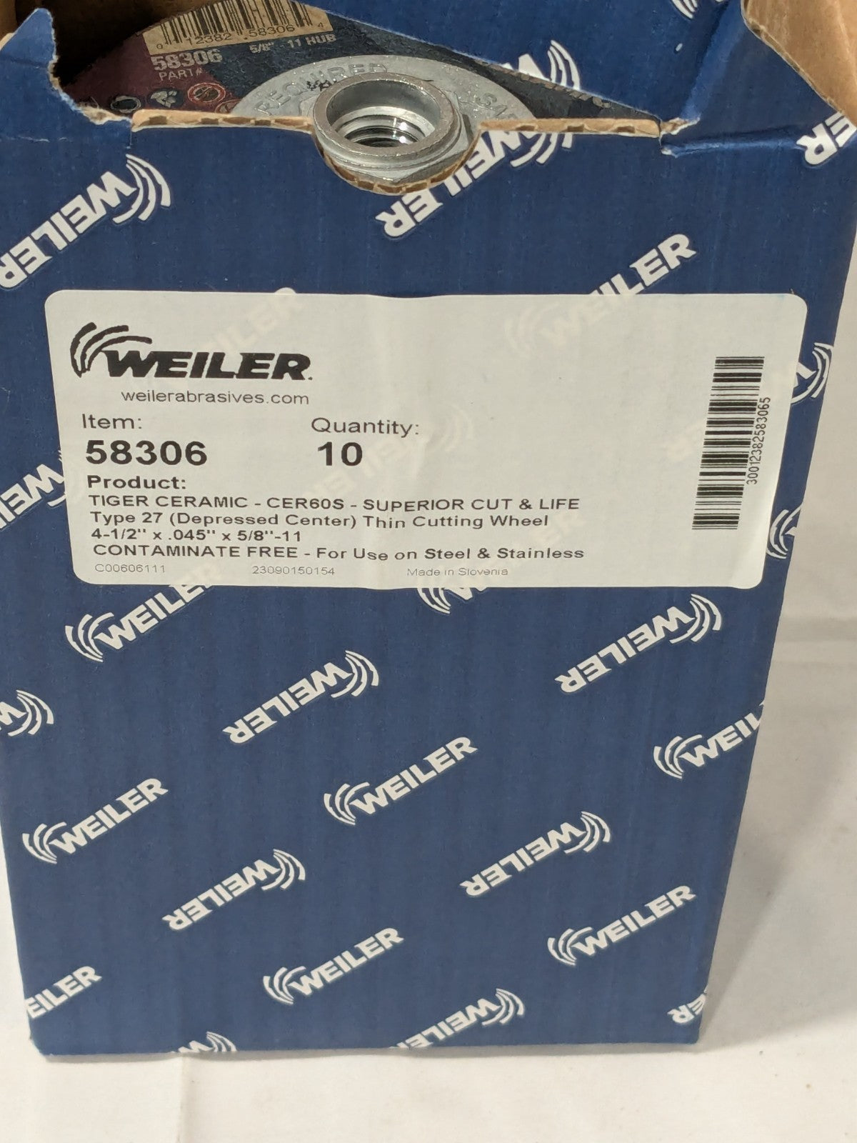 Weiler Depressed-Center Wheel: Type 27, 4-1/2" Dia, 5/8-11 Hole Box of 10 58306