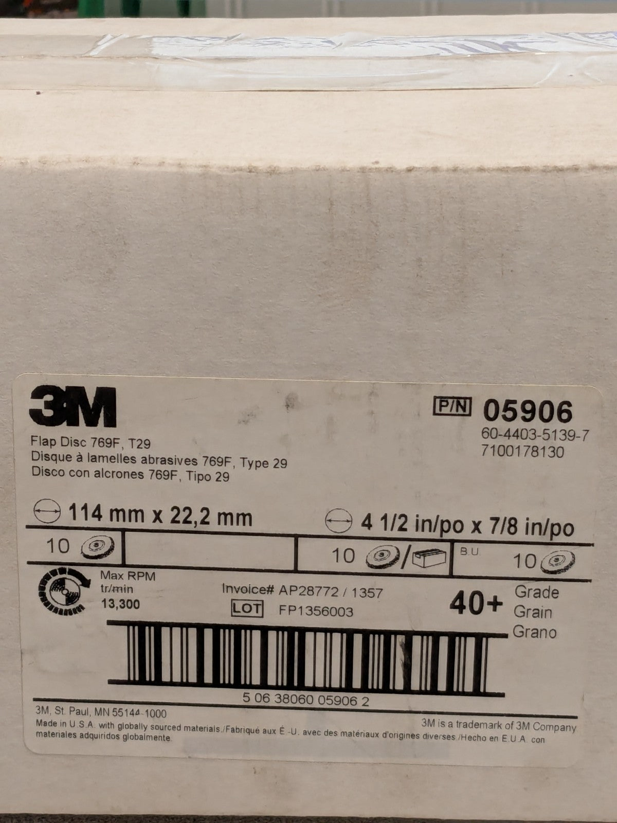 (10) 3M Flap Disc: 4-1/2" Dia, 7/8" Hole, 40 Grit, Ceramic Alumina 7100178130