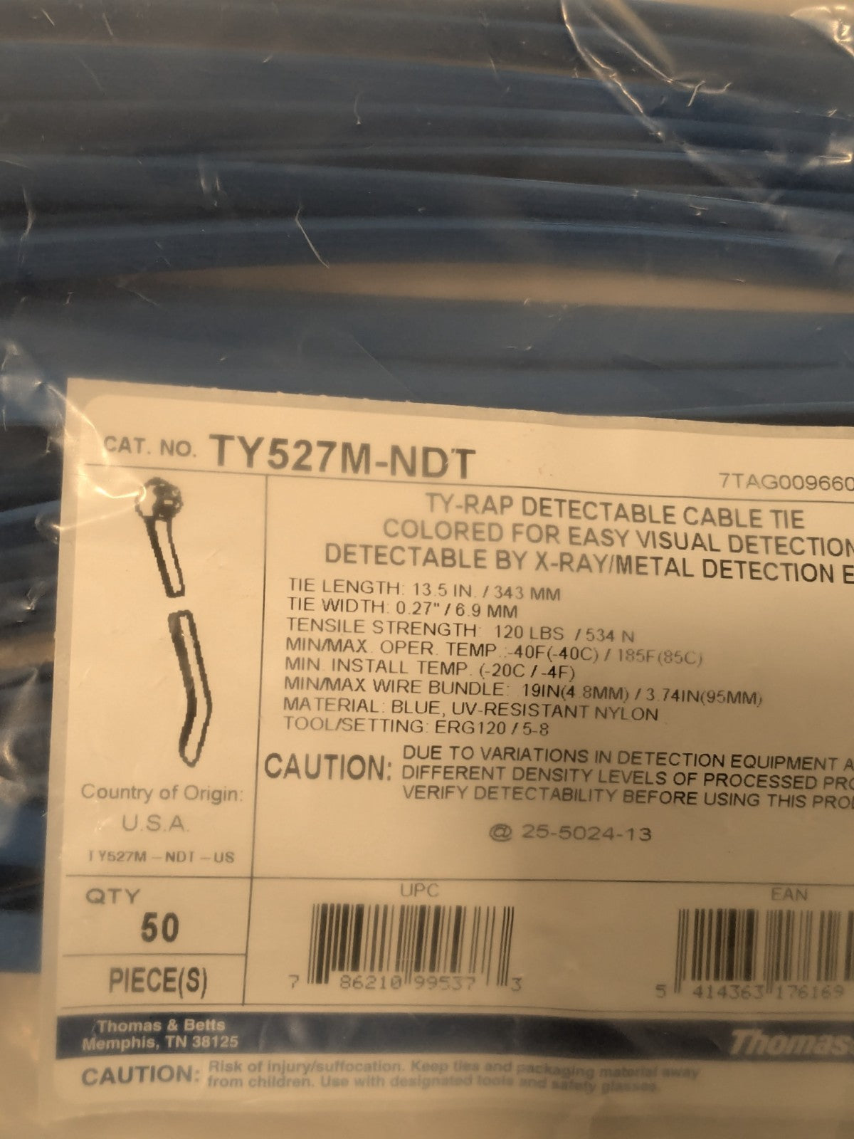 (50) T&B Metal Detectable Cable Tie: Stainless Steel Barb, 13-1/2" L TY527M-NDT