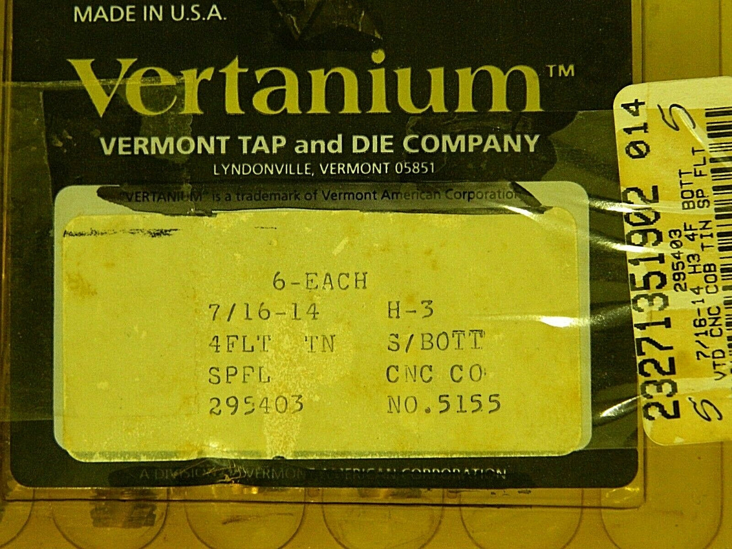 Vermont Bottom Tap 7/16"-14 UNC 4F H3 HSCo TiN SF 8.20mmx22mmx80mm Qty 4 29