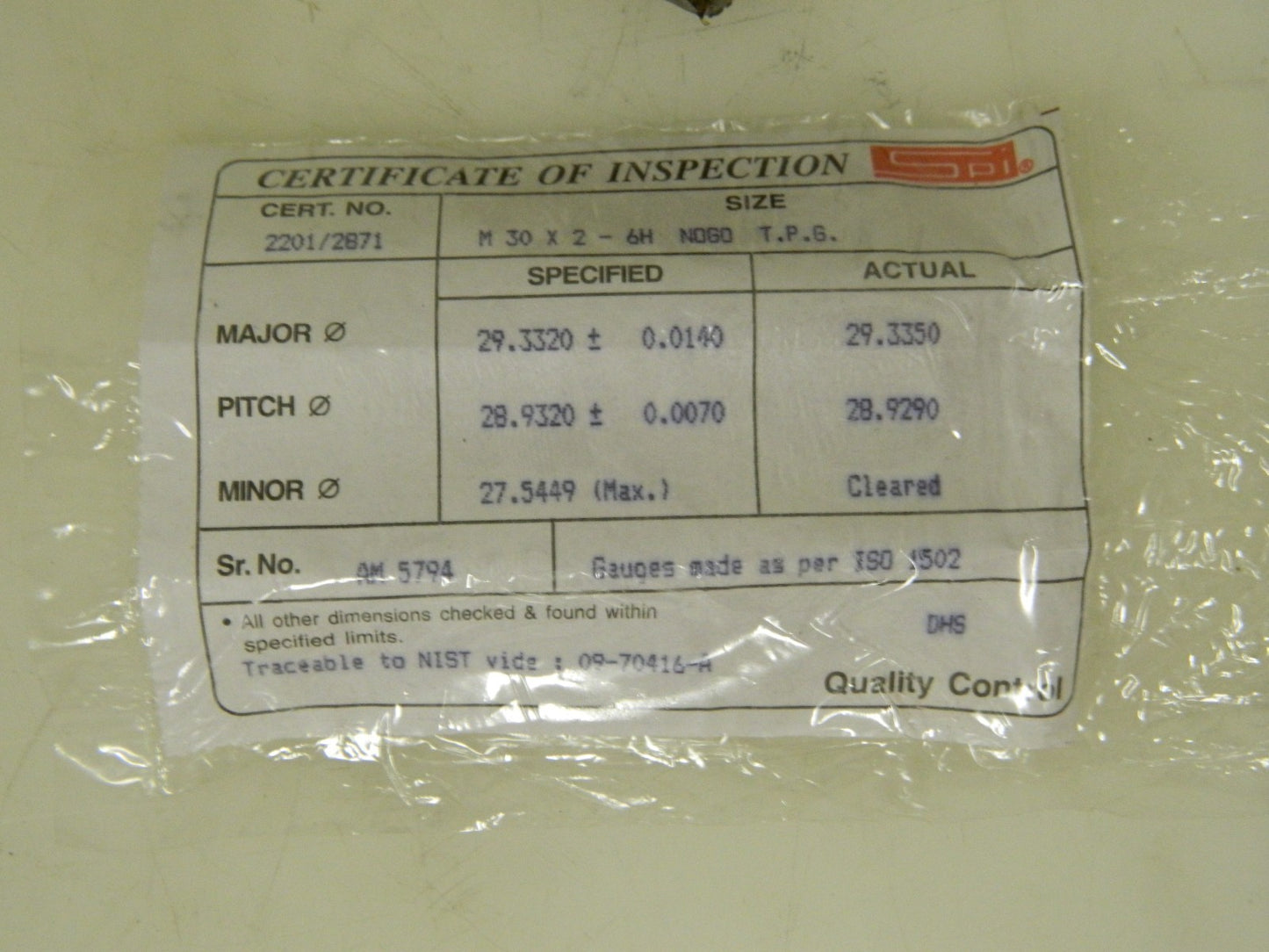 SPI Single End Plug Thread No Go Gage M30x2 Class 6H 34-603-1