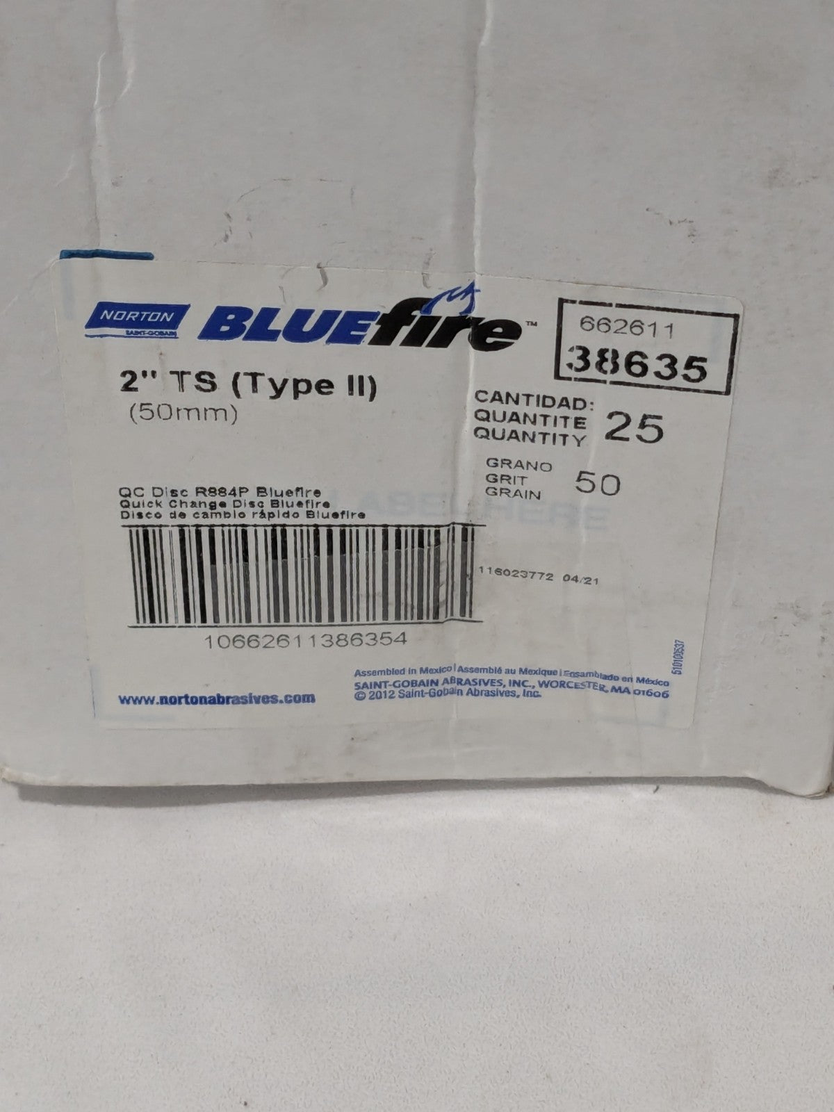 NORTON Quick-Change Disc: Type S, 2" Dia, 50 Grit Box of 25 66261138635