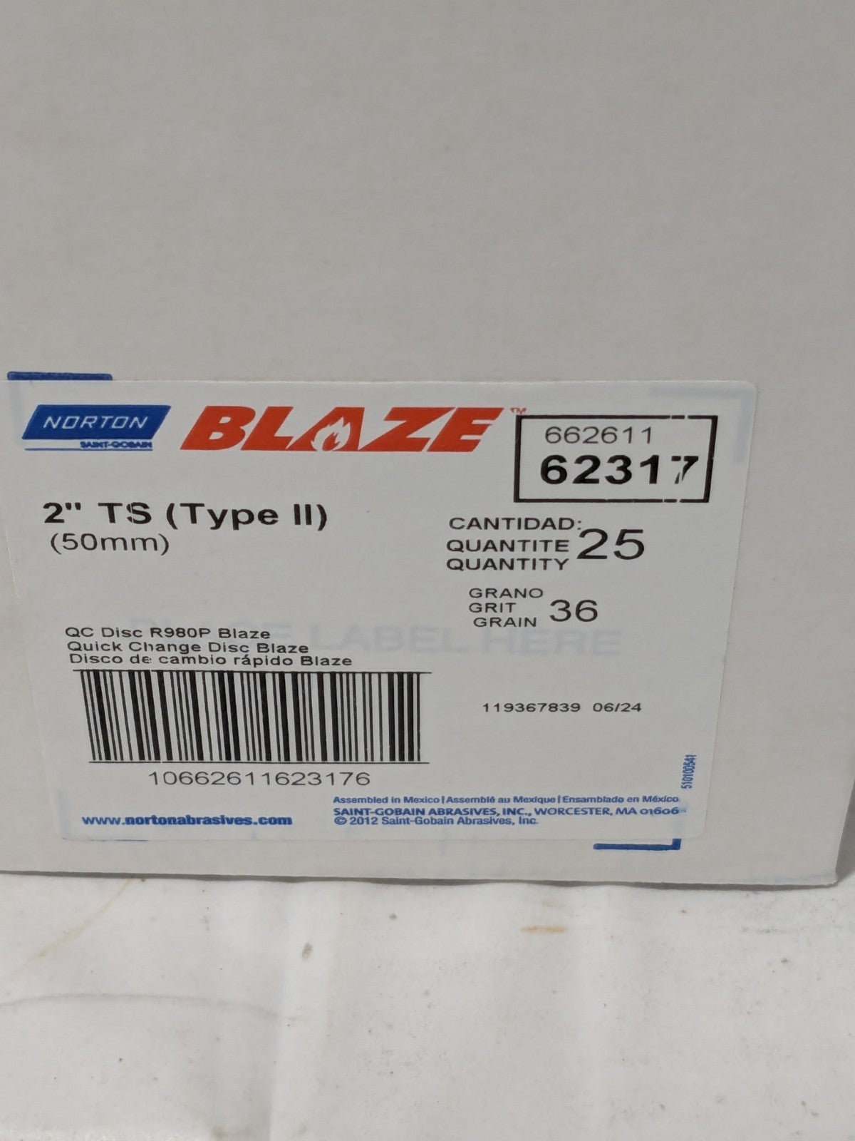 Norton Quick-Change Disc: Type S, 2" Dia, 36G, Coated Box of 25 62317