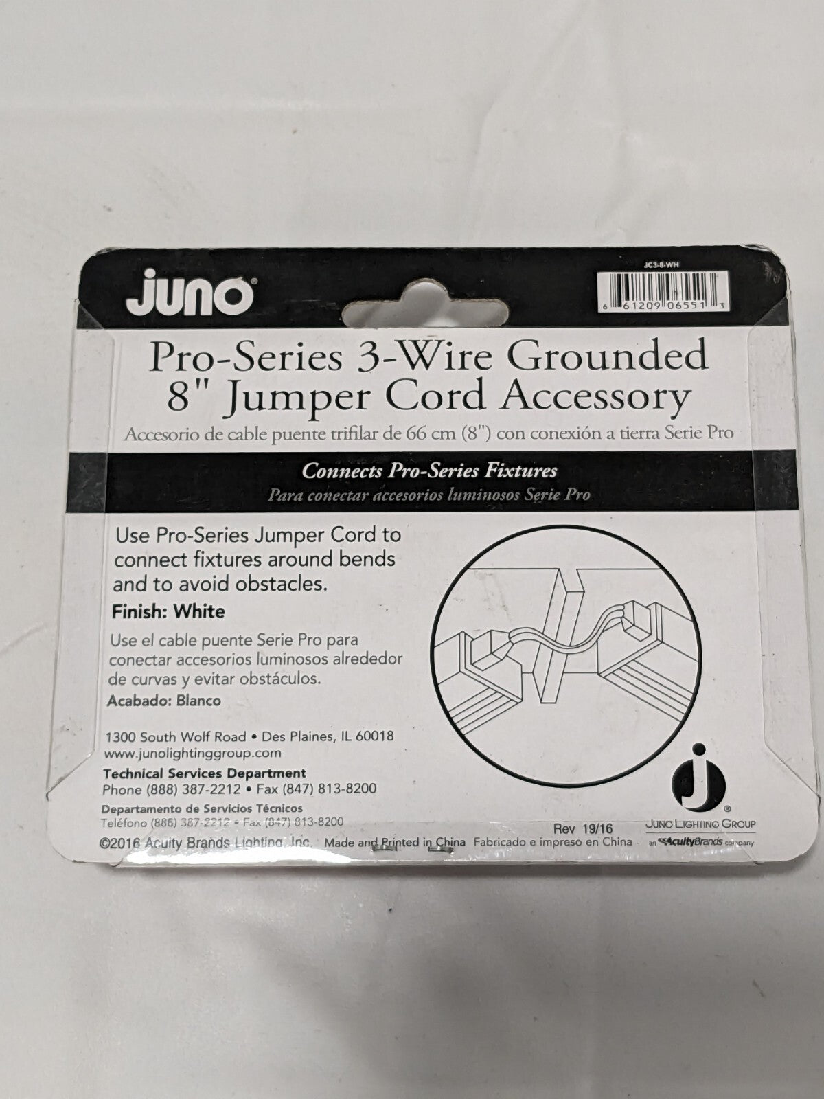 Juno Pro-Series 3-Wire Grounded 8" Jumper Cord Accessory JC3-8-WH