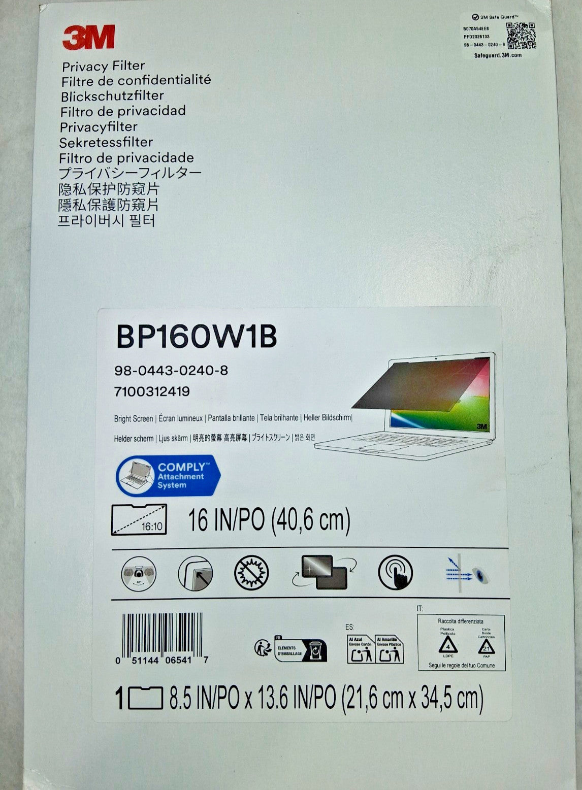 3M Bright Screen Privacy Filter for 16in Laptop 16:10 BP160W1B