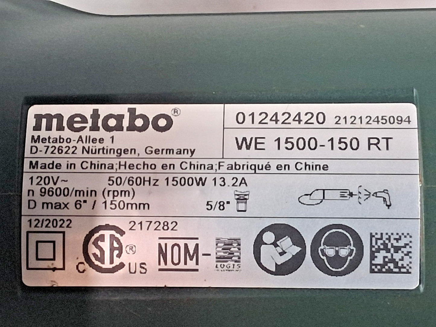 Metabo Corded Angle Grinder 6" Wheel Dia 9,600 RPM 5/8-11 Spindle 01242420