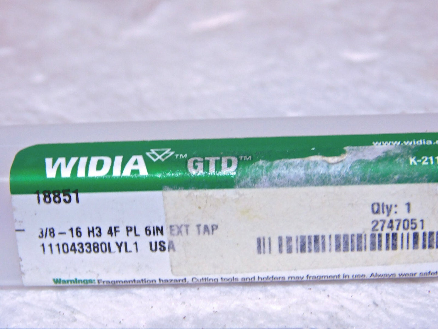 Widia GTD HSS Extension Hand Plug Tap 3/8-16 H3 Thread Limit 6 OAL 18851 USA