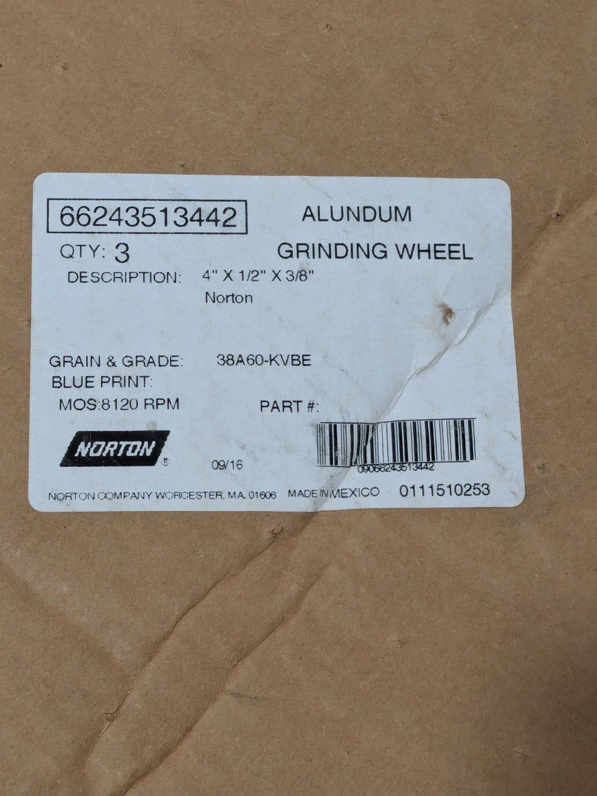 Norton Surface Grinding Wheel 4" X 1/2" X 3/8" Qty 3 66243513442
