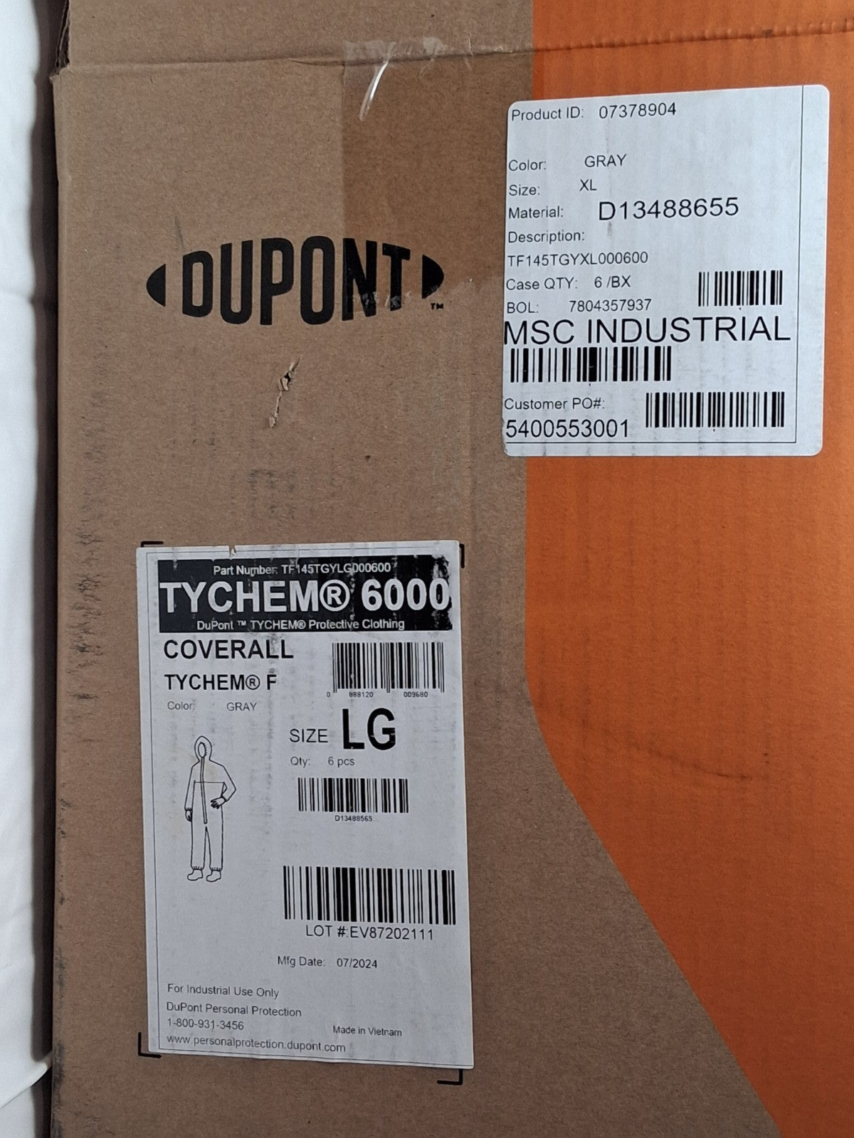 Dupont Tychem Disposable Coveralls CS Protection QTY6 TF145TGYLG000600
