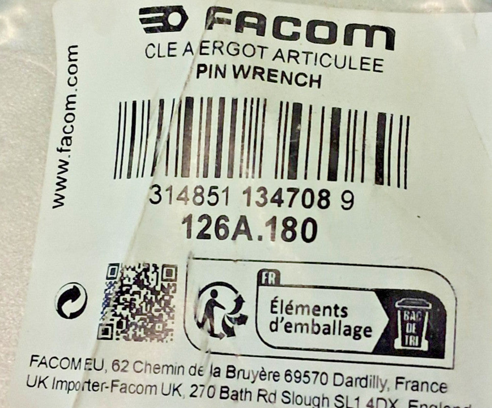 Facom Adjustable Pin Spanner Wrench 4-23/32" to 7-3/32" Capacity 126A.180