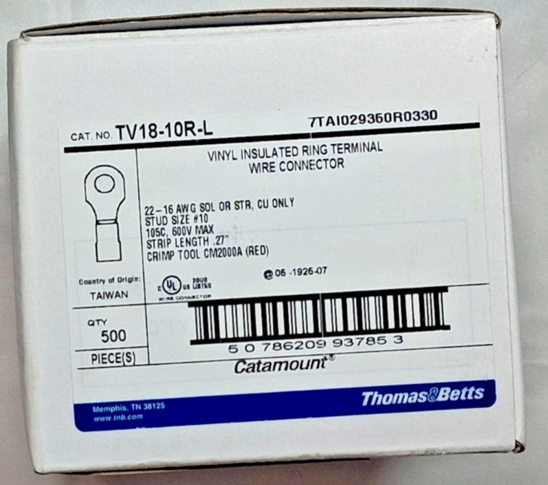 Catamount Circular Ring Terminals PI 22 to 16 AWG QTY500 TV18-10R-L