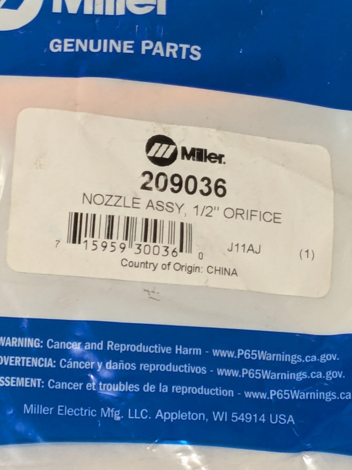 Miller Electric Copper Nozzle, Tapered, Orifice, 1/2 209036