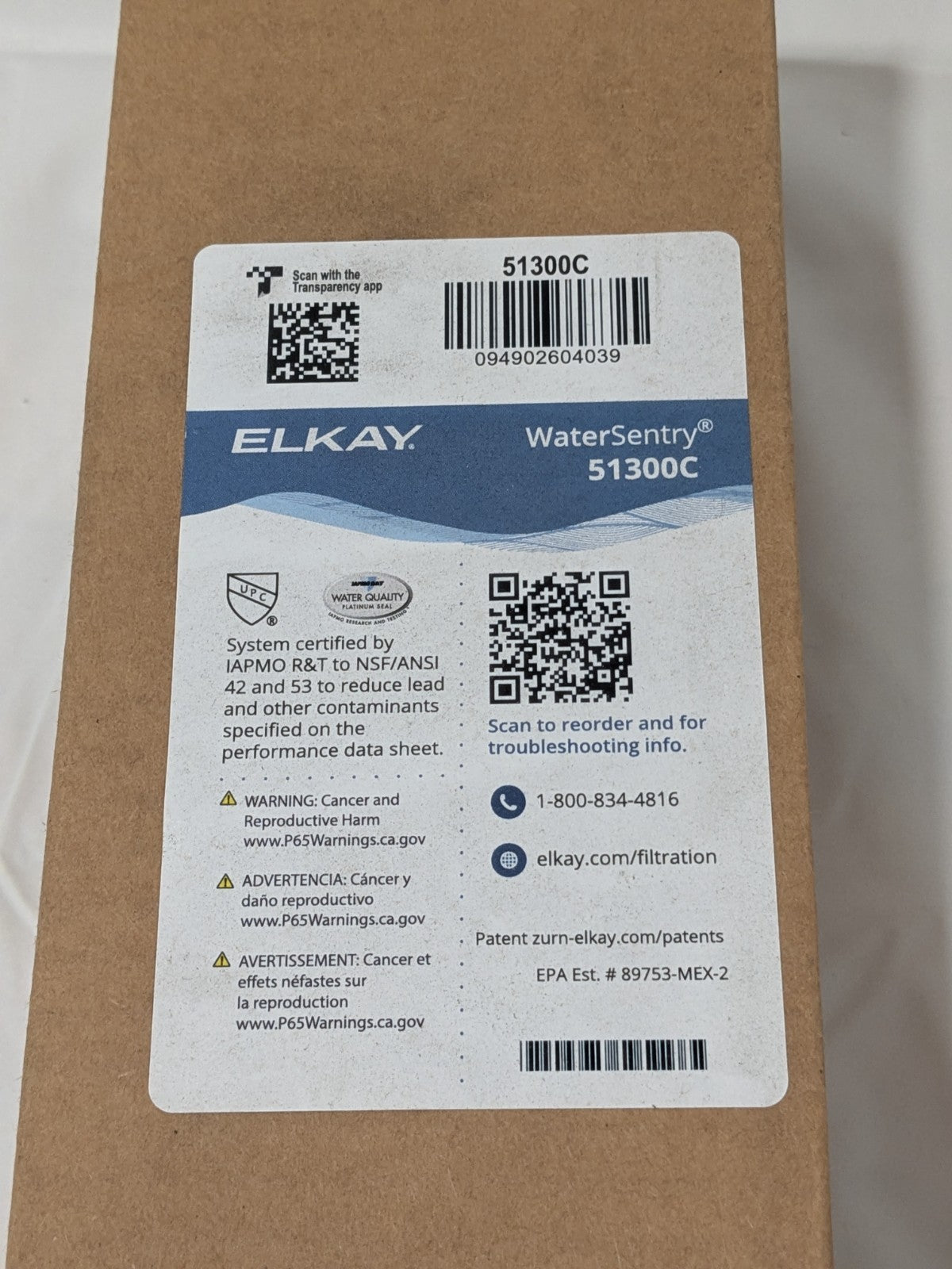 ELKAY Plumbing Cartridge Filter: 3-1/4" OD, 9-1/2" Long, 0.5 micron 51300C