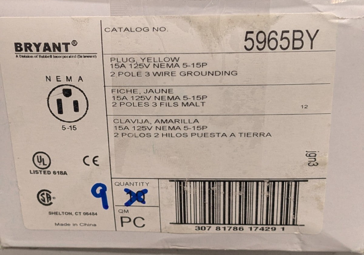 Bryant Electric Straight Blade Plug: 5-15P, 125V, Yellow Qty 9 5965BY