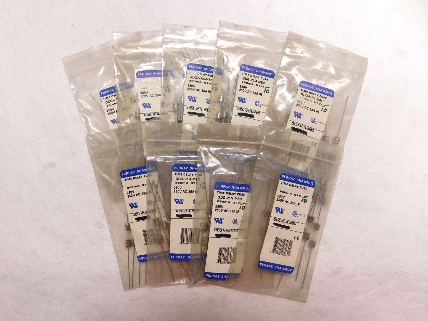 Ferraz Shawmut Time Delay Miniature Glass Fuse 250V 0.25A 10PK #GDG-V1/4