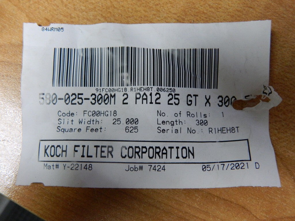 300x25x2 Fiberglass Paint Arrestor Media Roll SprayStop, Koch 580-025-300M