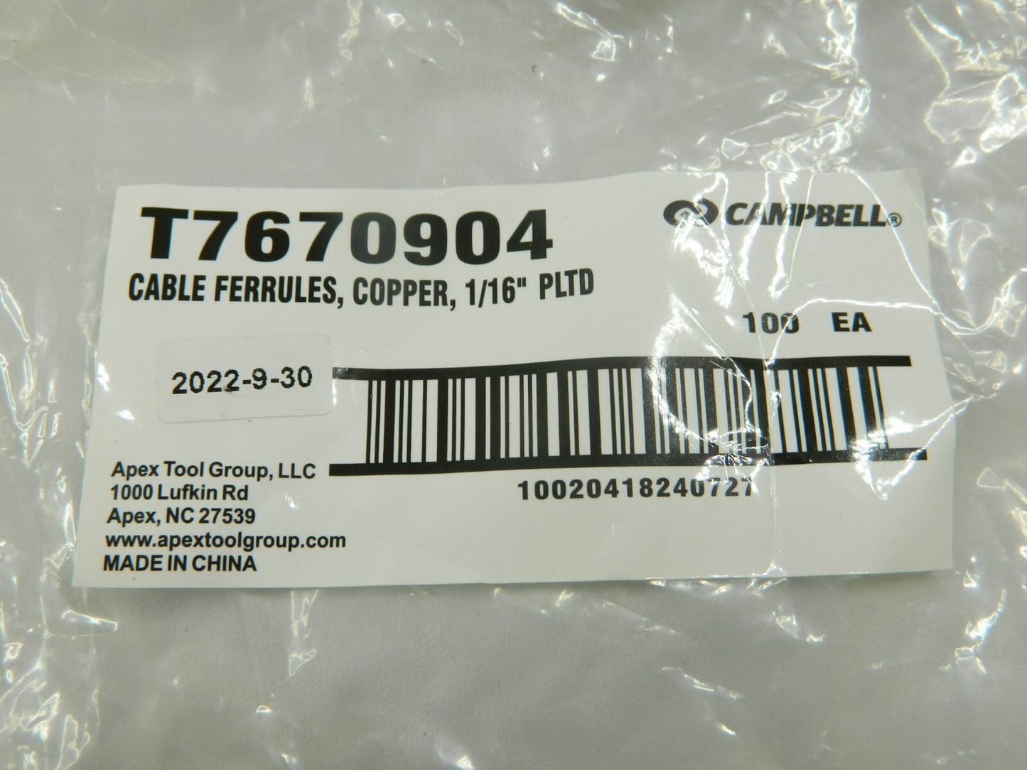 CAMPBELL Wire Rope Ferrule & Stop: 1/16 Rope Dia, Copper Qty 1,500 T7670904