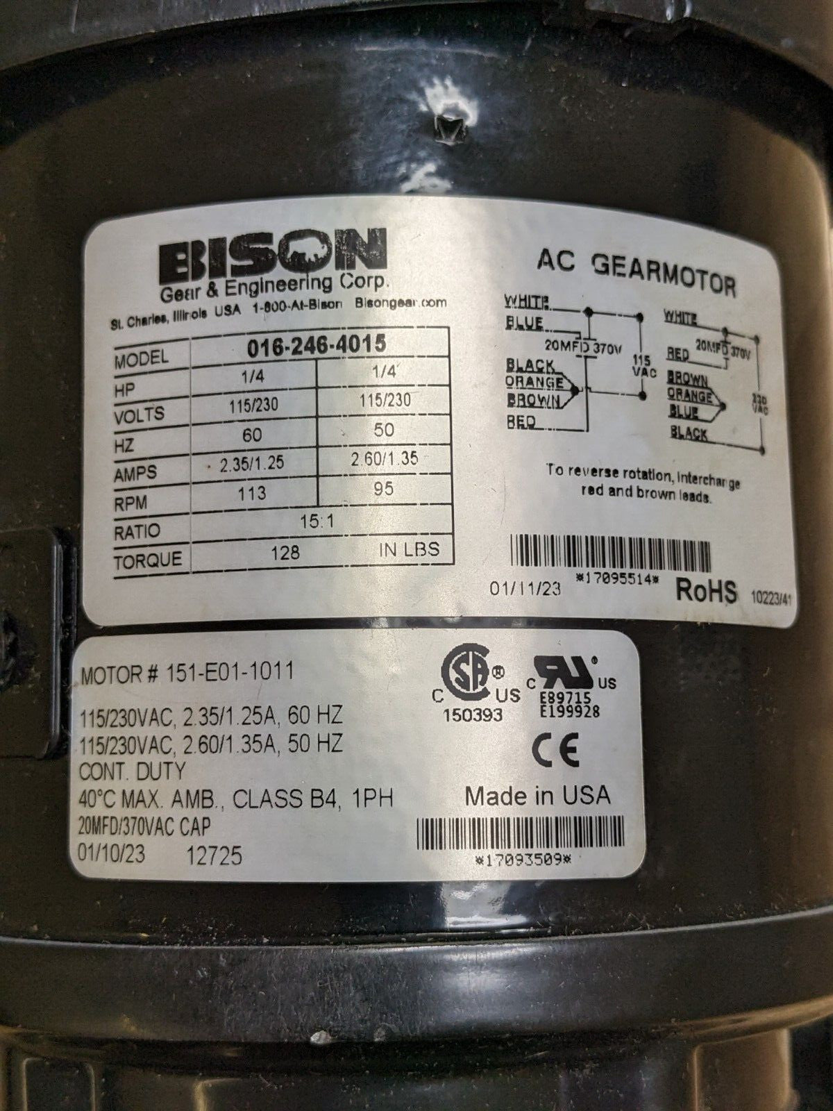 Bison Parallel Shaft AC Gearmotor 1/4 HP 115/230v 016-246-4015 Parts / Repair