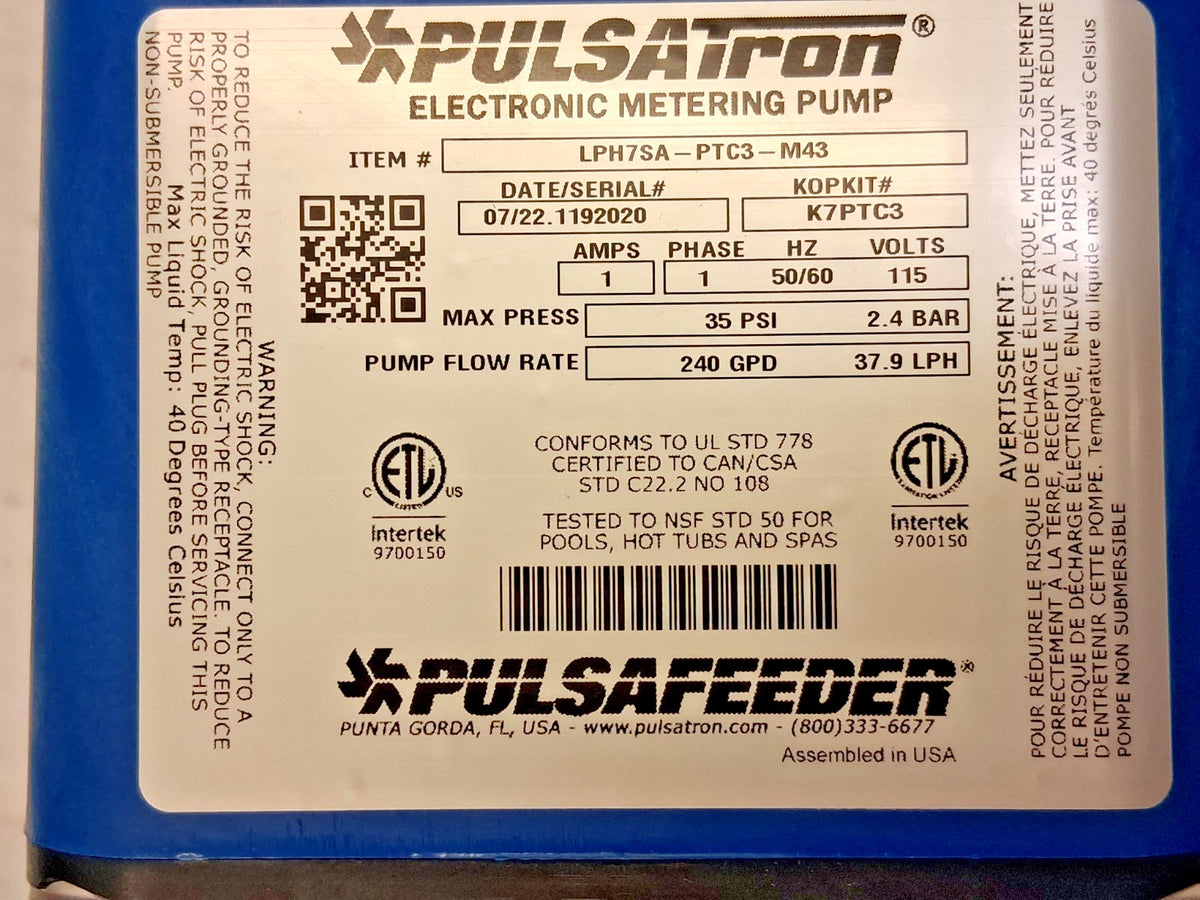 Pulsafeeder Electronic Metering Pump 115 Volt 35 psi 10 GPH LPH7SA-PTC3-M43