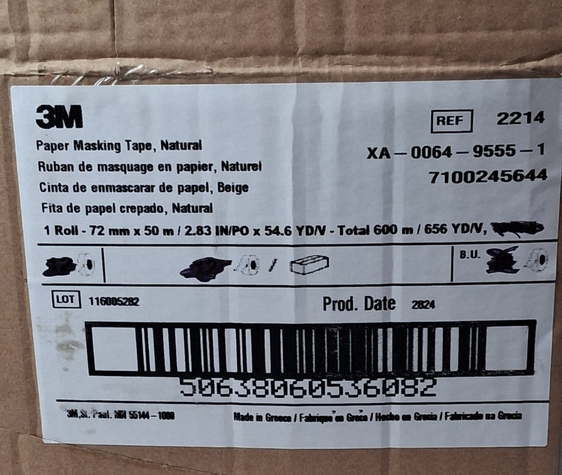 3M Paper Masking Tape Natural 2.83 IN x 54.6 YD 72mm x 50m QTY 3 2214