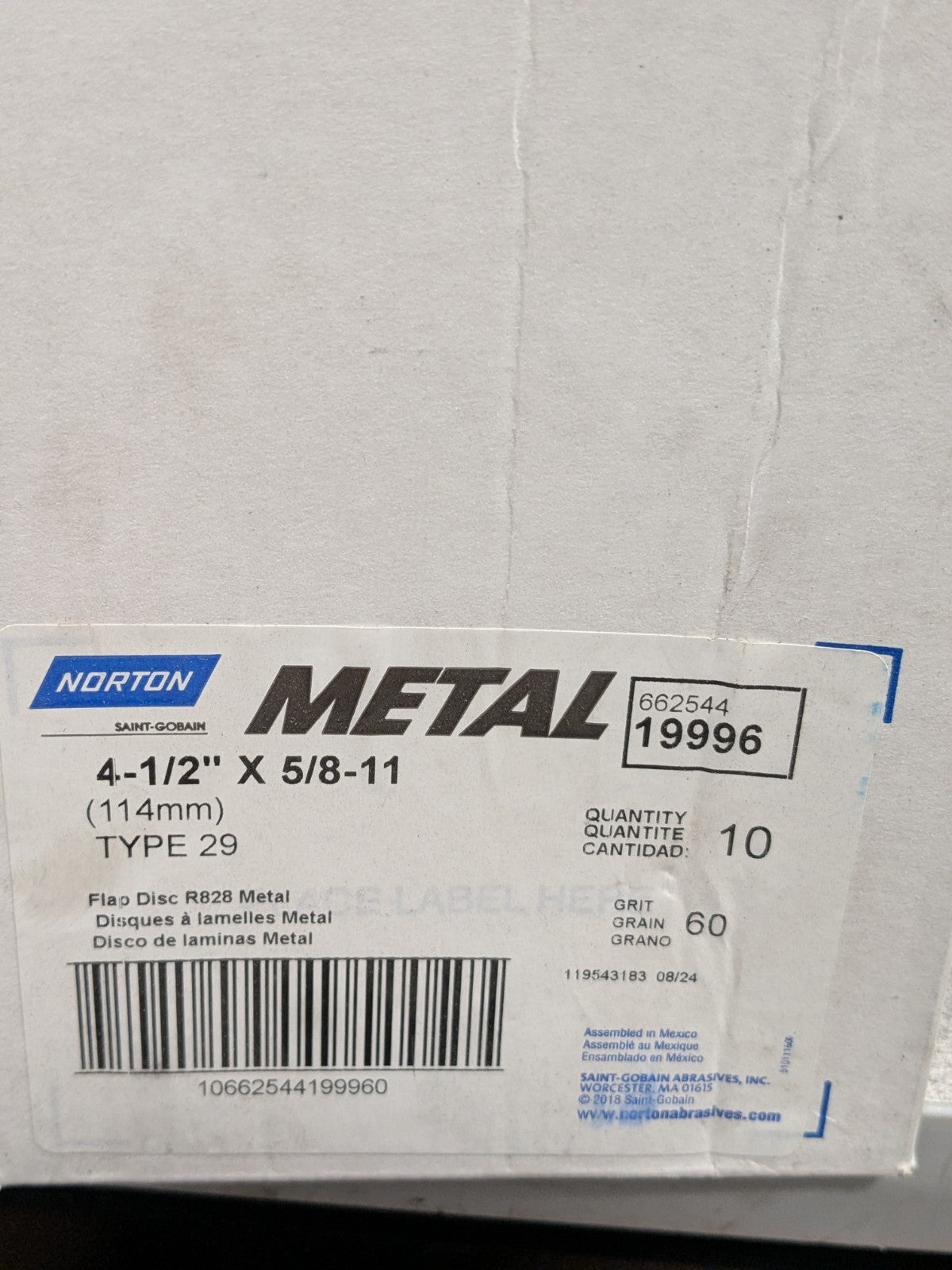 Norton Flap Disc: 4-1/2" Dia, Zirconia Alumina, Type 29 Qty 10 66254419996