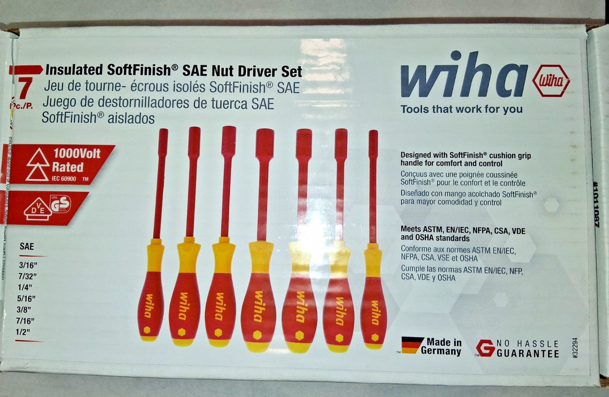 Wiha Nut Driver Set 7 Pc 3/16 to 1/2" Solid Shaft Ergonomic Handle 32294