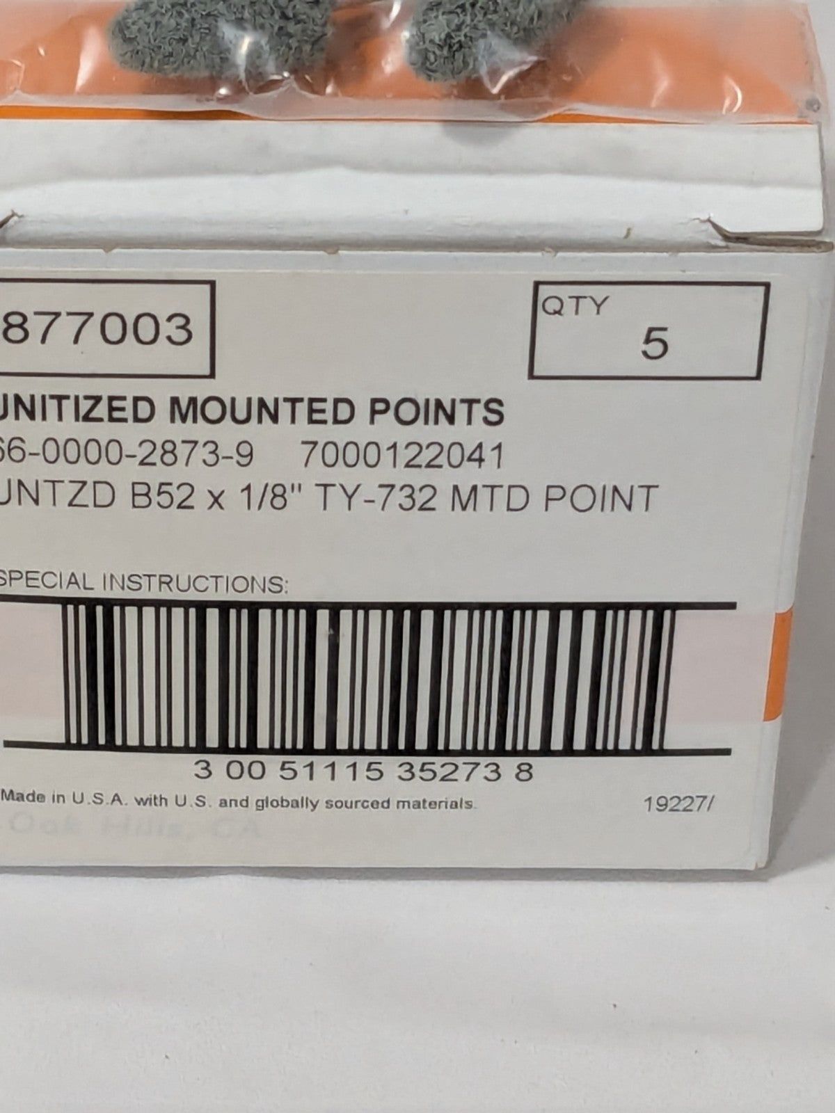 SA Mounted Point: 3/4" Thick, 1/8" Shank Dia, B52, Fine Box of 5 70001