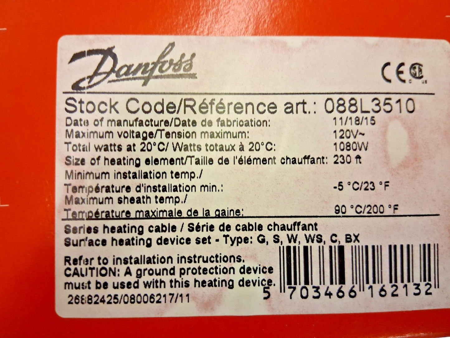 Danfross Heat Cable for Roof & Gutter Defrosting 230ft Long 120v 088L3510
