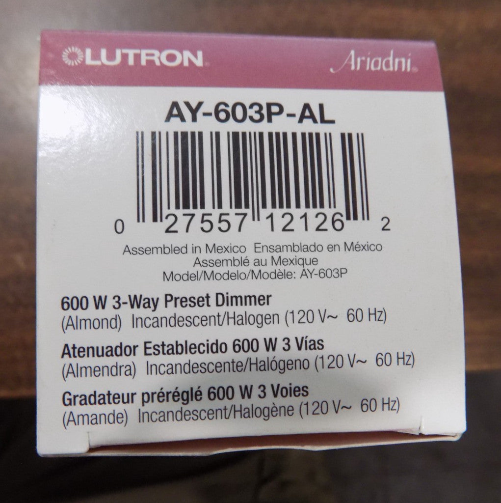 Lutron AY-603P-AL Ariadni 600W Incandescent / Halogen 3-Way Preset Dimmer Almond