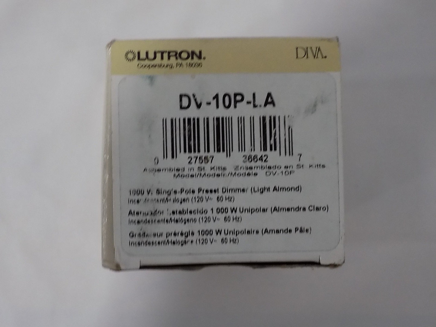 Lutron DV-10P-LA Diva 1000W Incandescent / Halogen Single Pole Dimmer LT Almond
