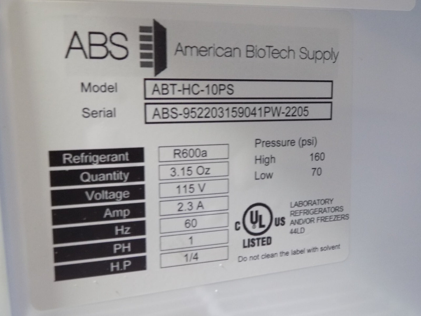 American Biotech Solid Door Laboratory Refrigerator ABT-HC-10PS Scratch N Dent
